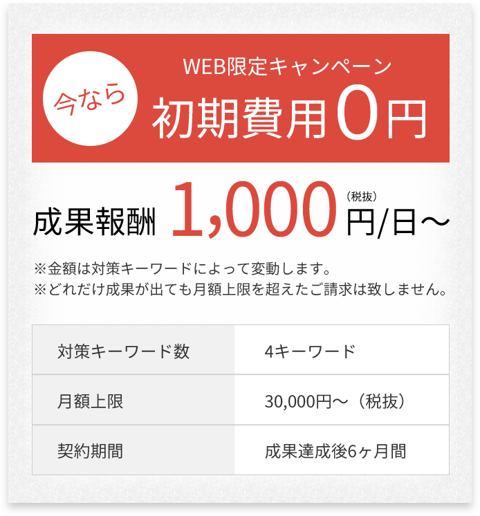 WEB限定キャンペーン　今なら初期費用0円　成果報酬 1,000円/日～（税込）
